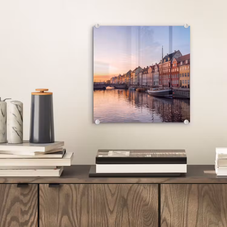 Glas schilderij - Stad - Gracht - Zonsondergang - Klassiek - Kleurrijk — 2