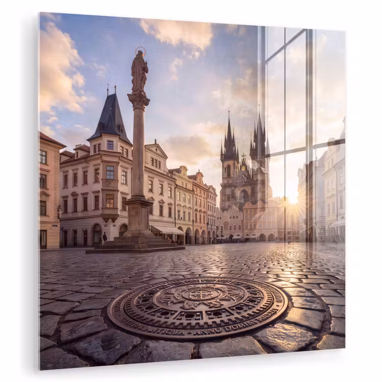 Glas schilderij - Stad - Praag - Ochtend - Architectuur - Goud — 1