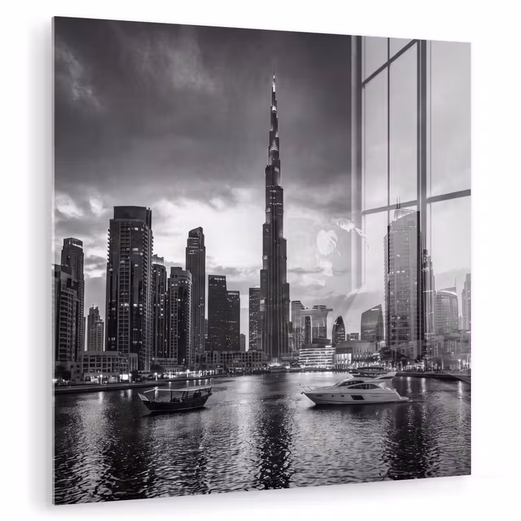 Glas schilderij - Stad - Skyline - Architectuur - Avond - Zwart-wit — 1