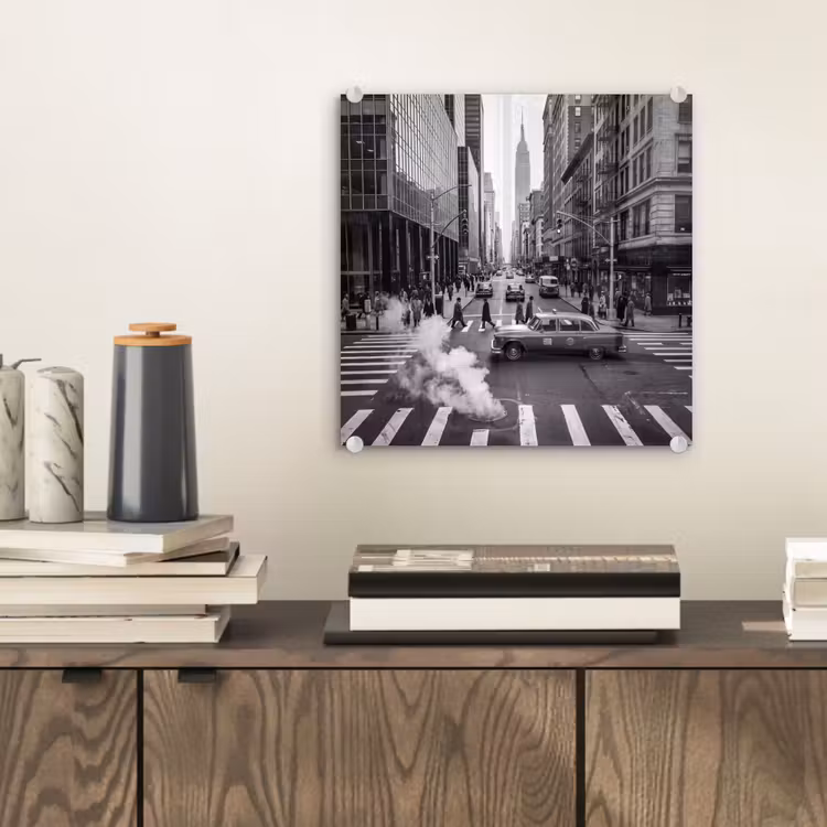 Glas schilderij - Stad - Straat - Gebouwen - Verkeer - Zwart-wit — 2
