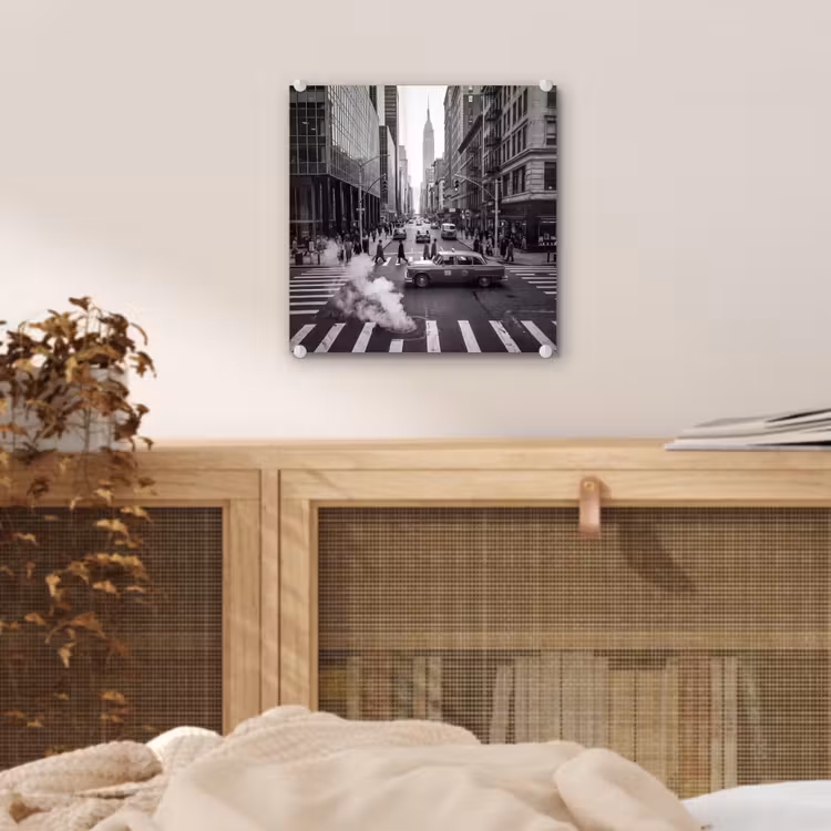 Glas schilderij - Stad - Straat - Gebouwen - Verkeer - Zwart-wit — 5
