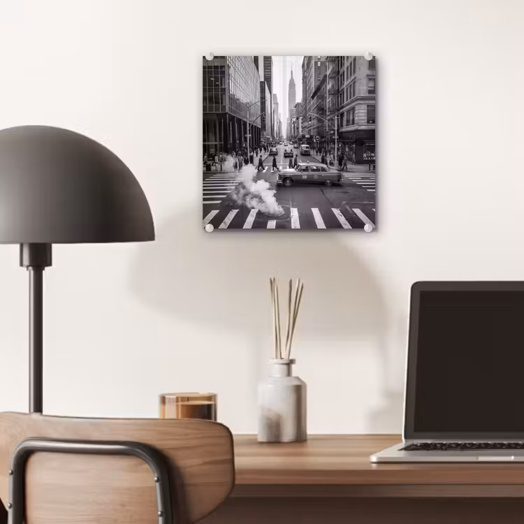 Glas schilderij - Stad - Straat - Gebouwen - Verkeer - Zwart-wit — 7