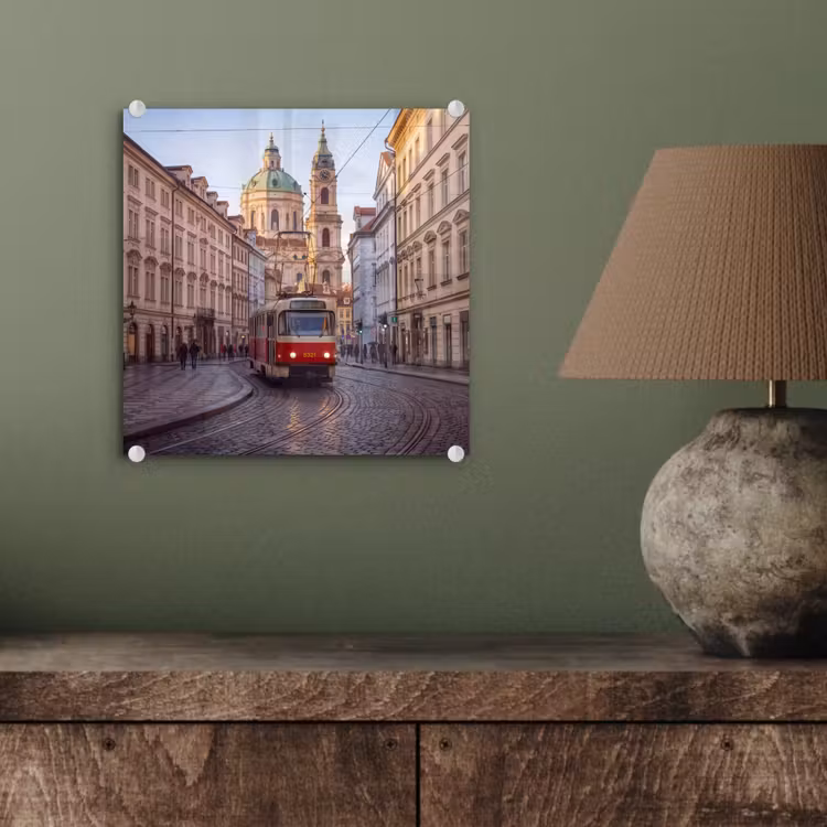 Glas schilderij - Tram - Straat - Stadsgezicht - Klassiek - Rood — 4