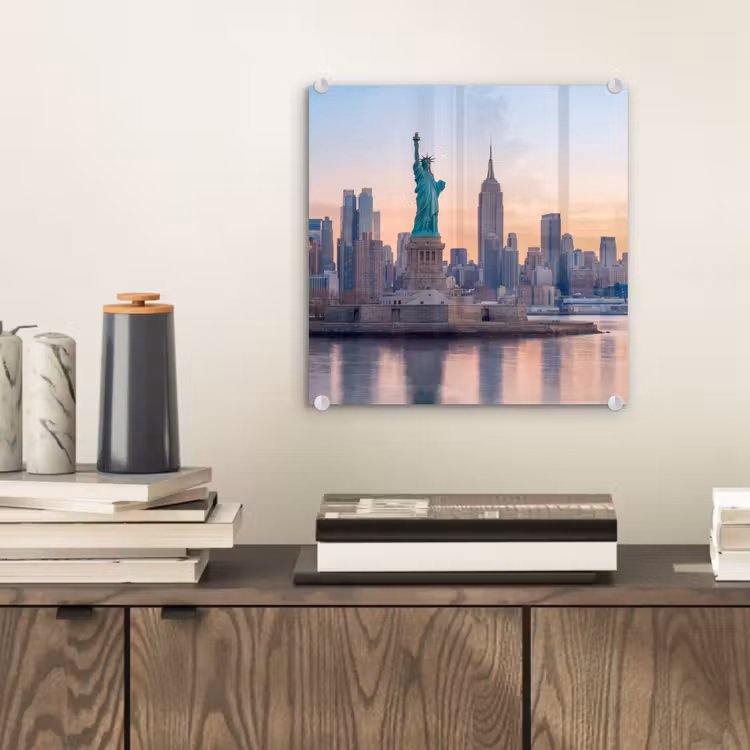 Glas schilderij - Vrijheidsbeeld - New York - Zonsopgang - Stad - Architectuur — 2