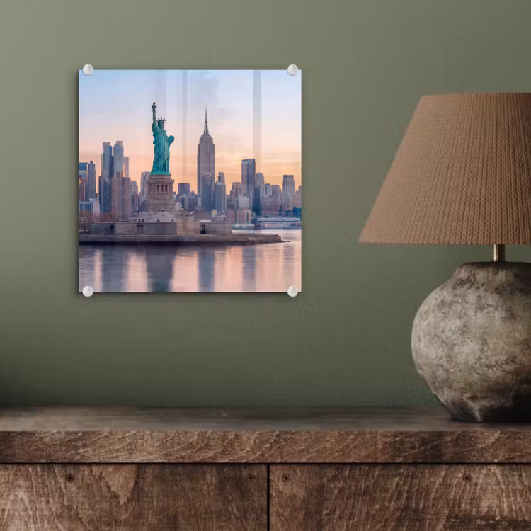 Glas schilderij - Vrijheidsbeeld - New York - Zonsopgang - Stad - Architectuur — 4