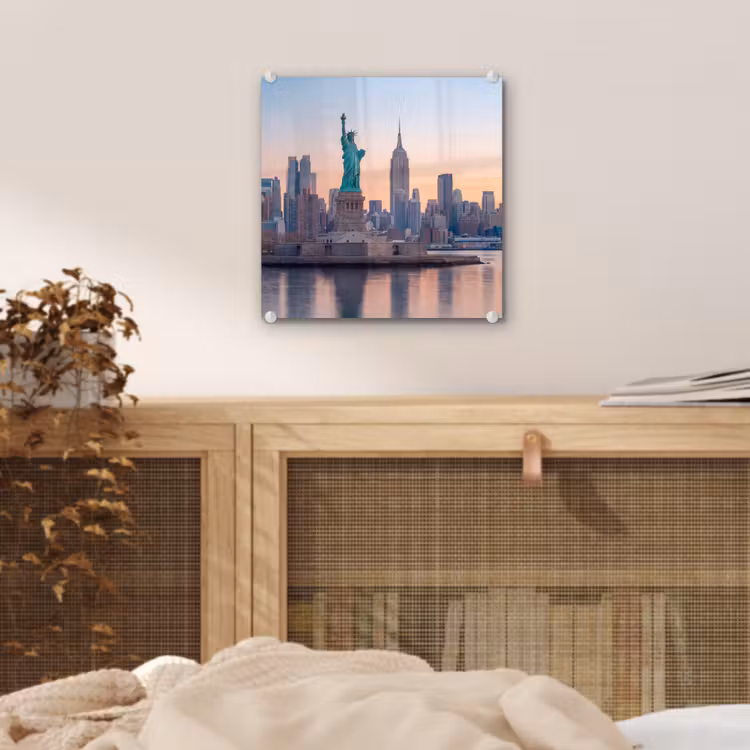 Glas schilderij - Vrijheidsbeeld - New York - Zonsopgang - Stad - Architectuur — 5