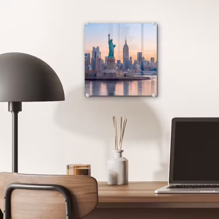 Glas schilderij - Vrijheidsbeeld - New York - Zonsopgang - Stad - Architectuur — 7