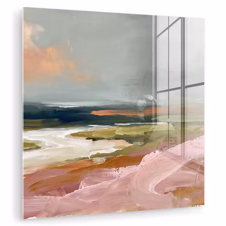 Glas schilderij - Landschap - Rivier - Abstract - Roze - Groen — 1