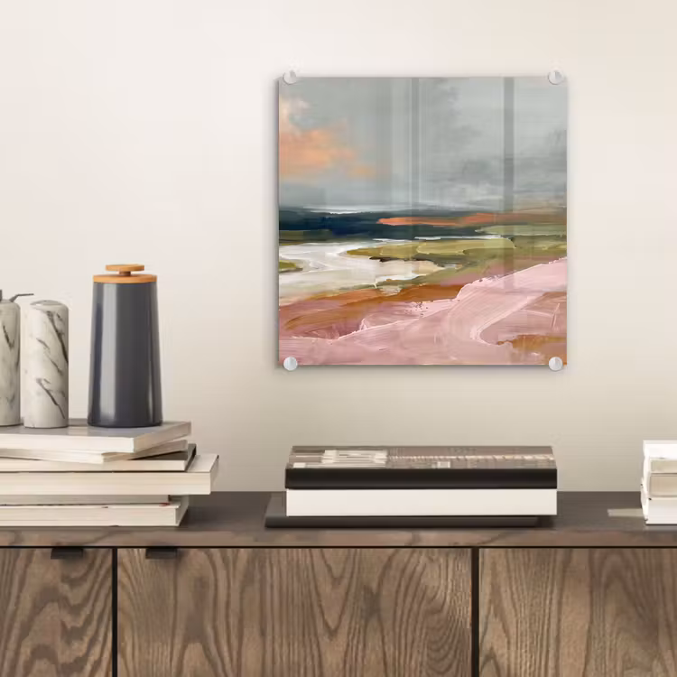 Glas schilderij - Landschap - Rivier - Abstract - Roze - Groen — 2
