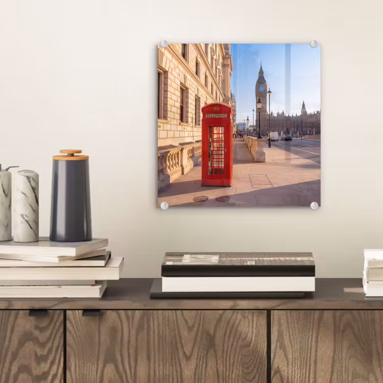 Glas schilderij - Telefooncel - Rood - Londen - Stad - Architectuur — 2