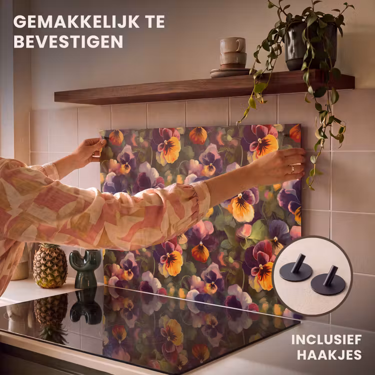 Inductie beschermer en spatscherm (2in1) - Warm - Patroon - Penseel - Viooltjes — 7