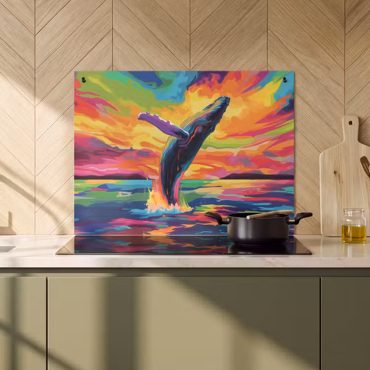 Inductie beschermer en spatscherm (2in1) - Zonsondergang - Walvis - Geschilderd - Kleurrijk — 2