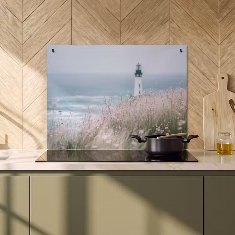 Inductie beschermer en spatscherm (2in1) - Vuurtoren - Klif - Zee - Bloemen — 2