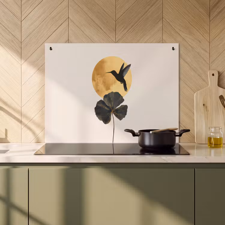 Inductie beschermer en spatscherm (2in1) - Zwarte kolibrie - Bloem - Gouden cirkel — 2