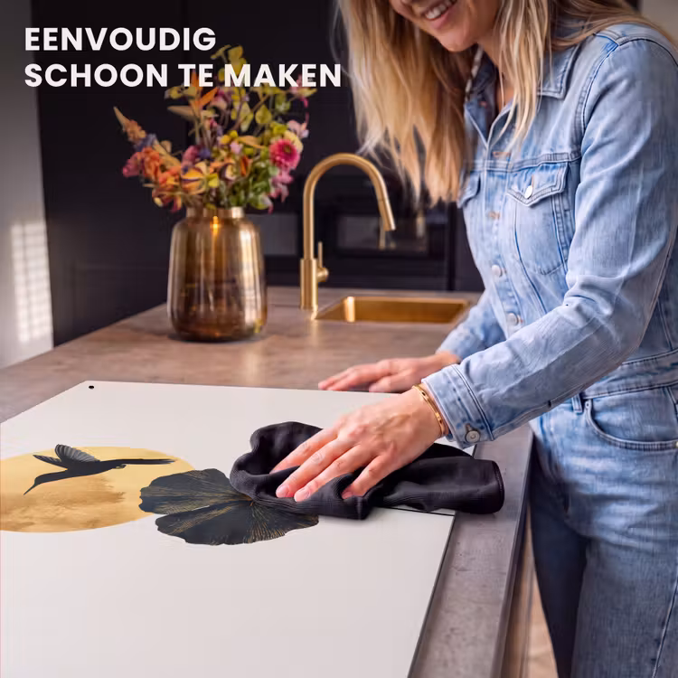 Inductie beschermer en spatscherm (2in1) - Zwarte kolibrie - Bloem - Gouden cirkel — 5
