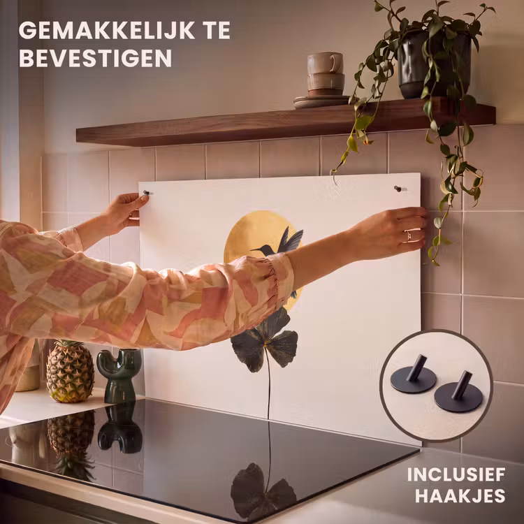 Inductie beschermer en spatscherm (2in1) - Zwarte kolibrie - Bloem - Gouden cirkel — 7