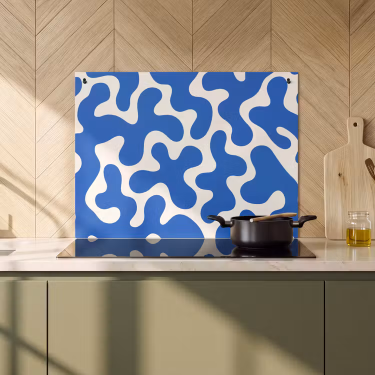 Inductie beschermer en spatscherm (2in1) - Vormen - Abstract - Blauw - Golven — 2