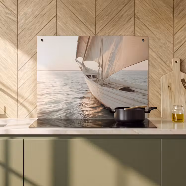 Inductie beschermer en spatscherm (2in1) - Zeilboot - Zee - Beige - Zon — 2