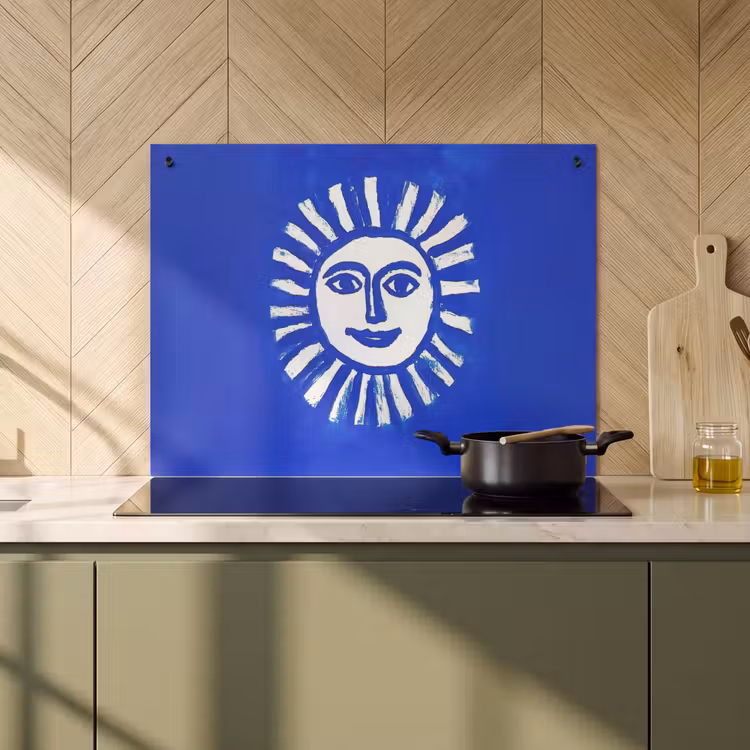 Inductie beschermer en spatscherm (2in1) - Zon - Gezicht - Penseelstructuur - Blauw — 2