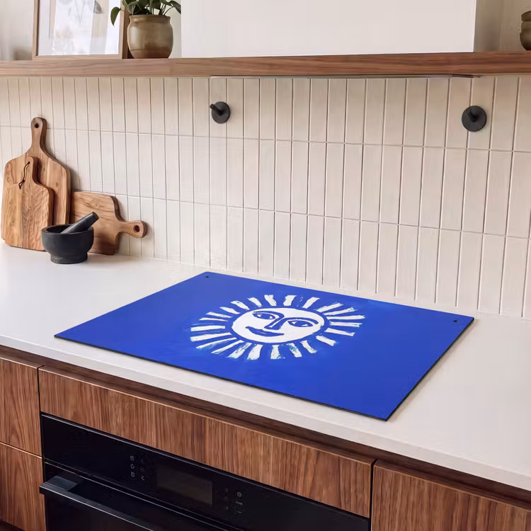 Inductie beschermer en spatscherm (2in1) - Zon - Gezicht - Penseelstructuur - Blauw — 3