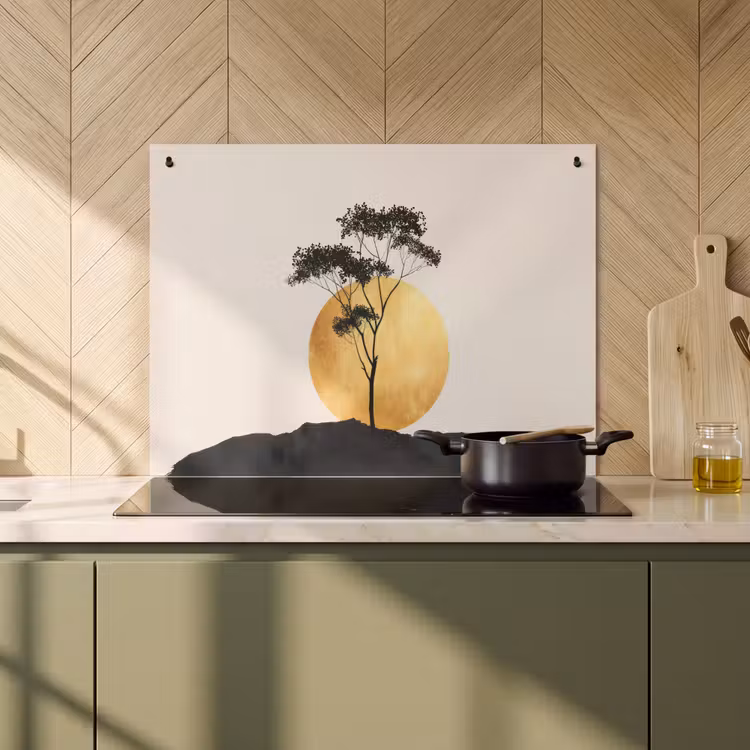 Inductie beschermer en spatscherm (2in1) - Zwarte boom - Gouden cirkel - Heuvel — 2