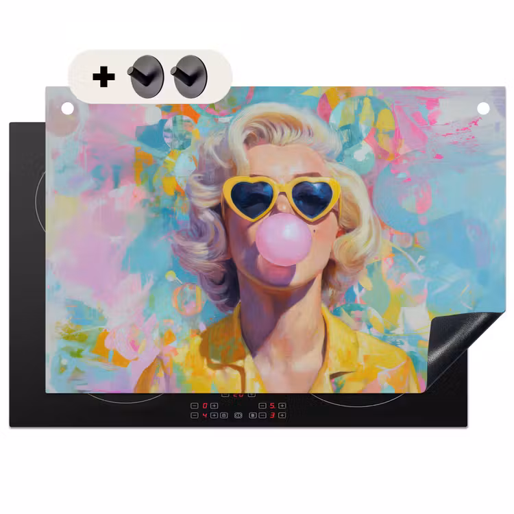 Inductie beschermer en spatscherm (2in1) - Vrouw - Blond - Roze kauwgom - Kleurrijk - Pastel — 1