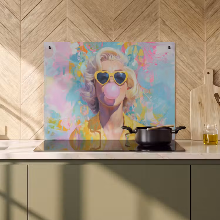 Inductie beschermer en spatscherm (2in1) - Vrouw - Blond - Roze kauwgom - Kleurrijk - Pastel — 2