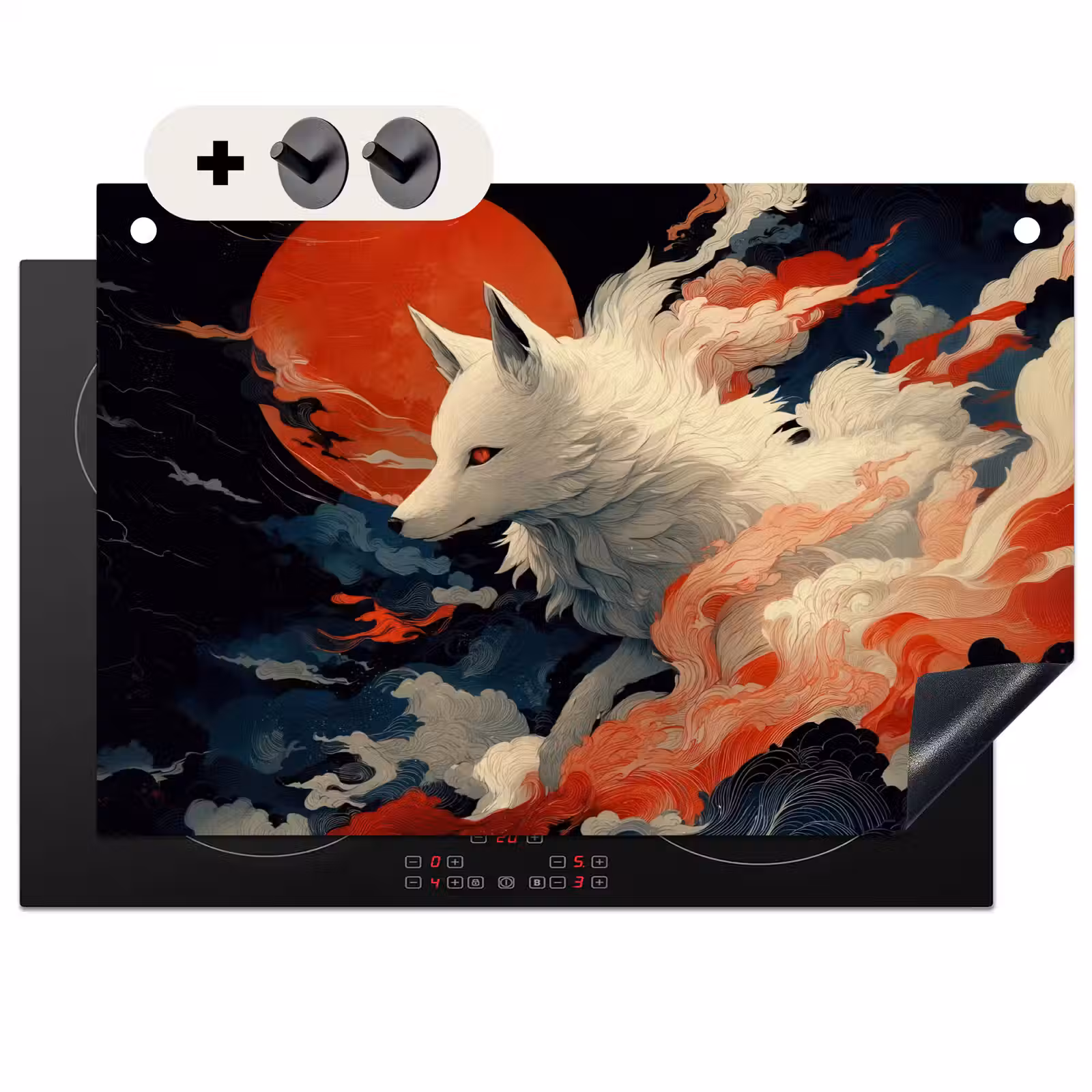 Inductie beschermer en spatscherm (2in1) - Witte vos - wolken - maan — 1