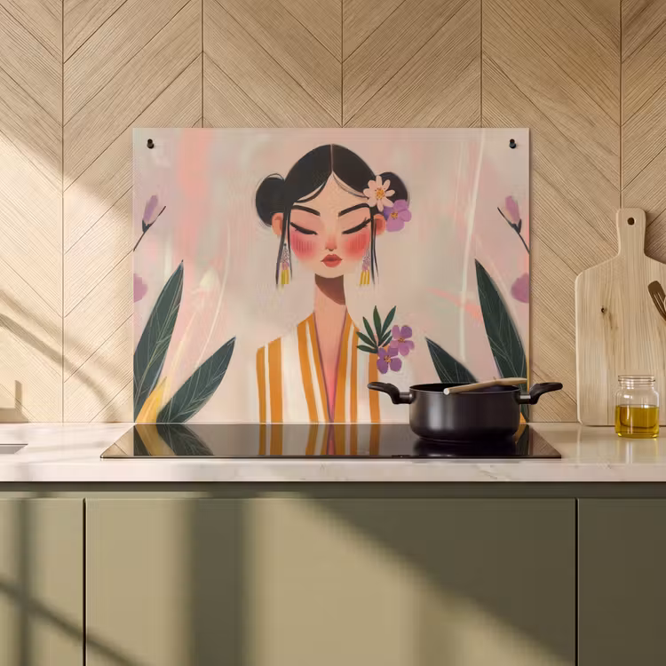 Inductie beschermer en spatscherm (2in1) - Vrouw - Bloemen - Pastel — 2