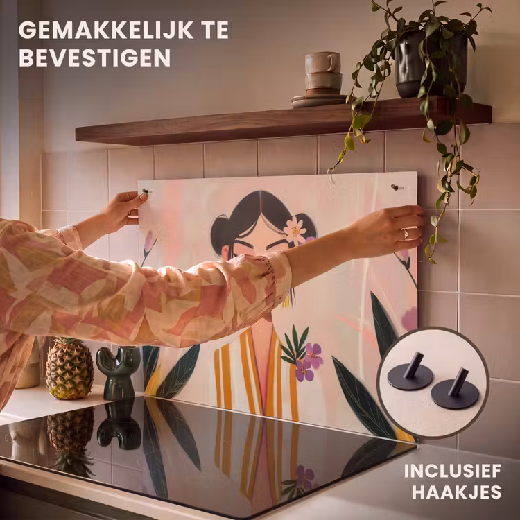 Inductie beschermer en spatscherm (2in1) - Vrouw - Bloemen - Pastel — 7