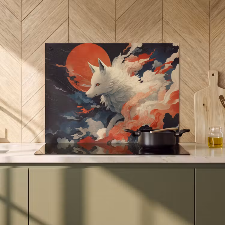 Inductie beschermer en spatscherm (2in1) - Witte vos - wolken - maan — 2