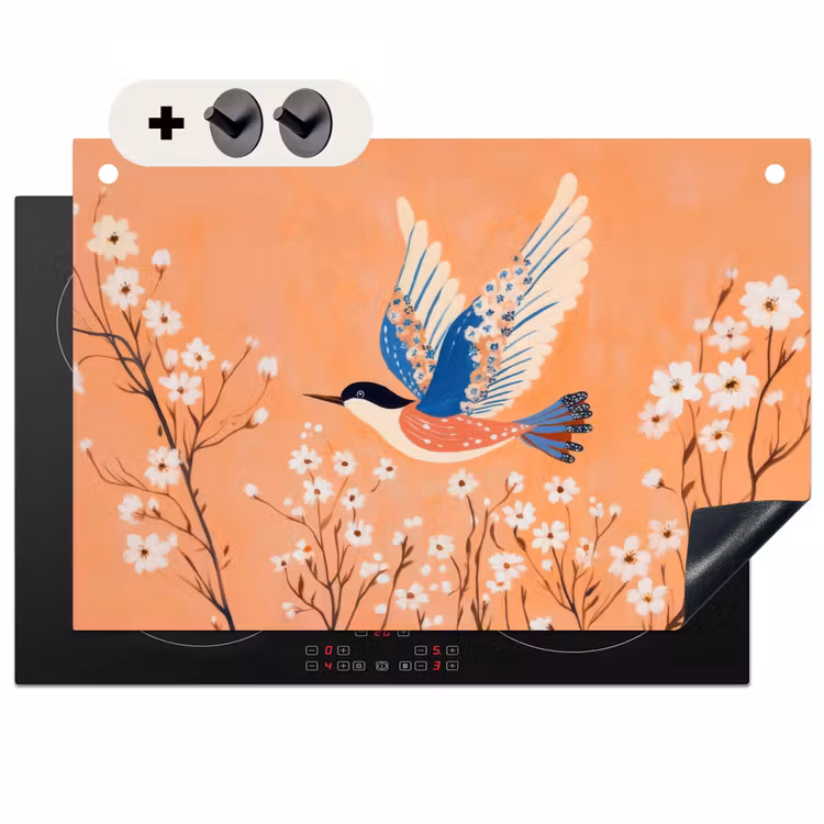 Inductie beschermer en spatscherm (2in1) - Vogel - Bloesemtakken - Warm - Kleurrijk — 1