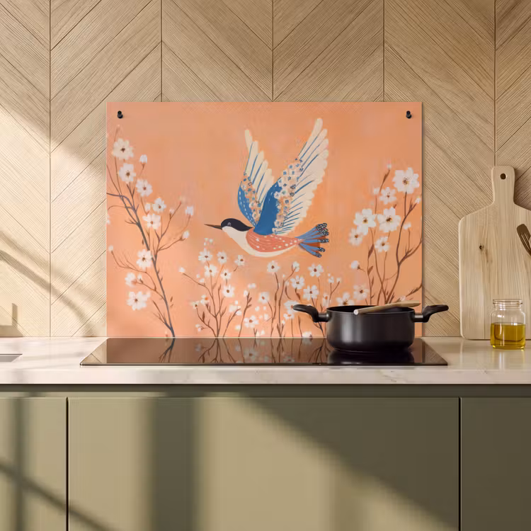 Inductie beschermer en spatscherm (2in1) - Vogel - Bloesemtakken - Warm - Kleurrijk — 2