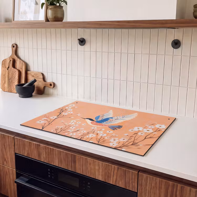 Inductie beschermer en spatscherm (2in1) - Vogel - Bloesemtakken - Warm - Kleurrijk — 3