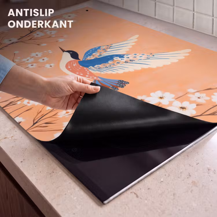 Inductie beschermer en spatscherm (2in1) - Vogel - Bloesemtakken - Warm - Kleurrijk — 4