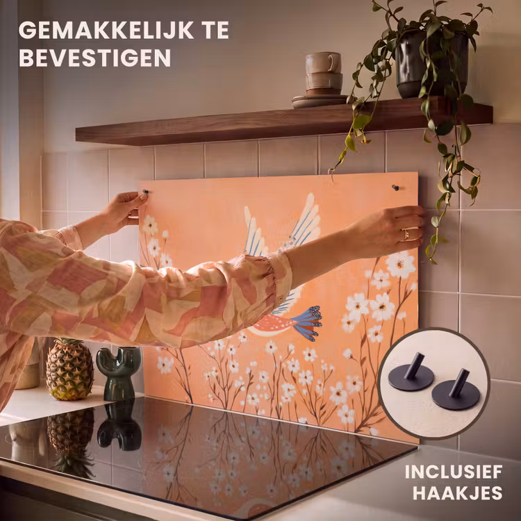 Inductie beschermer en spatscherm (2in1) - Vogel - Bloesemtakken - Warm - Kleurrijk — 7