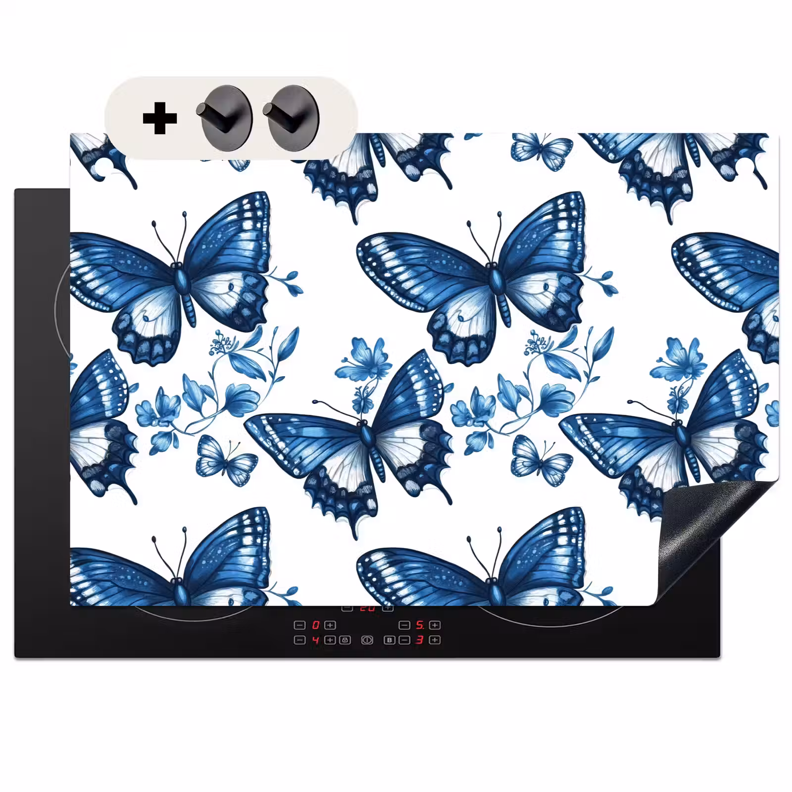 Inductie beschermer en spatscherm (2in1) - Blauw - Vlinders - Bloemen - Wit — 1