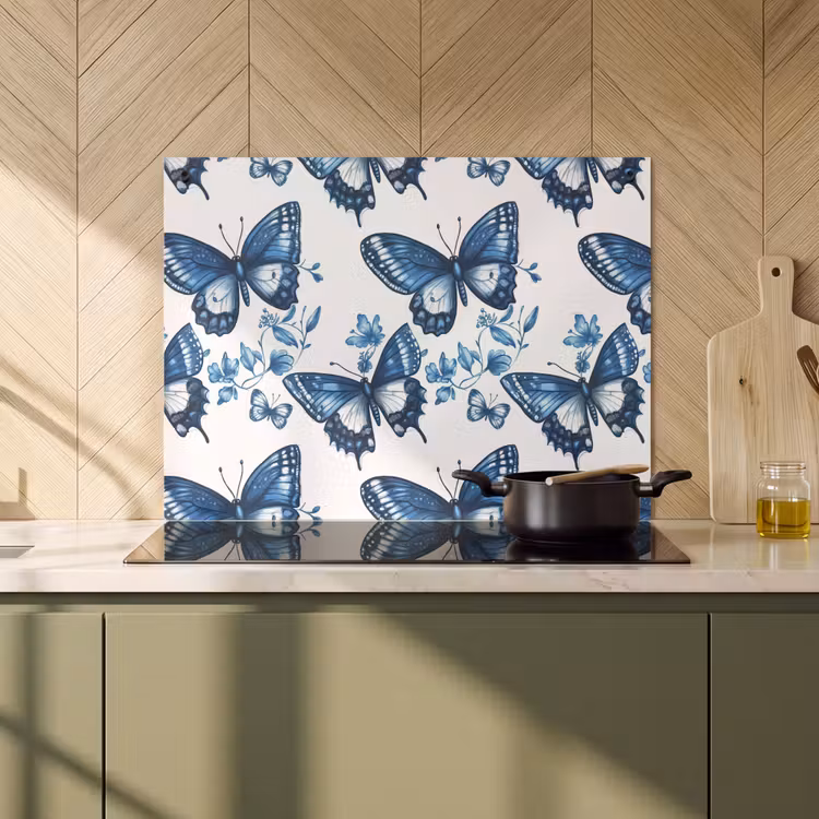 Inductie beschermer en spatscherm (2in1) - Blauw - Vlinders - Bloemen - Wit — 2