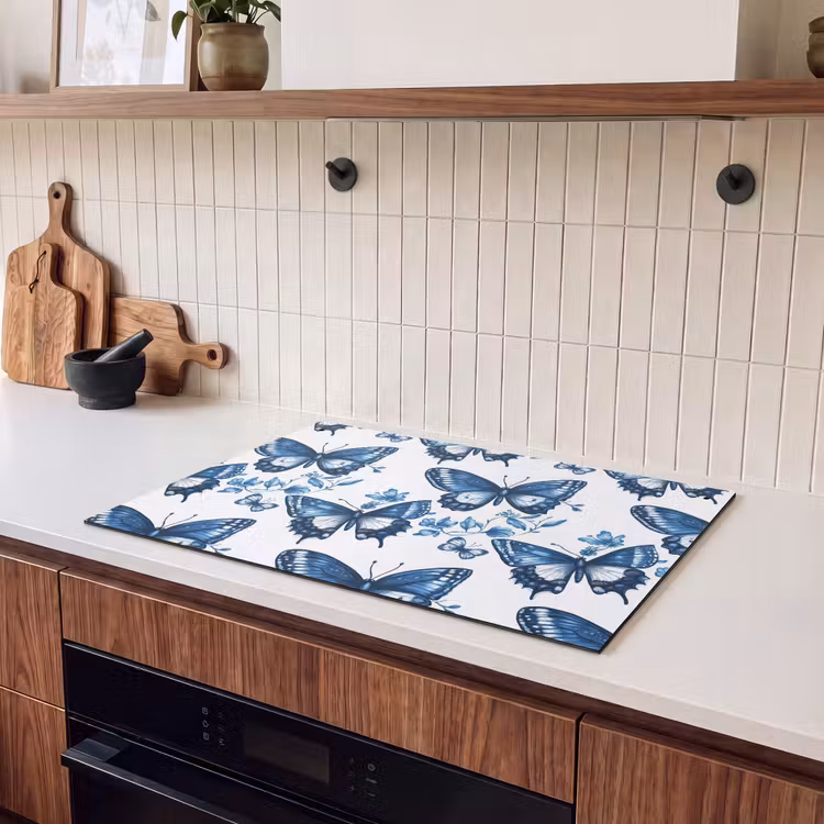 Inductie beschermer en spatscherm (2in1) - Blauw - Vlinders - Bloemen - Wit — 3