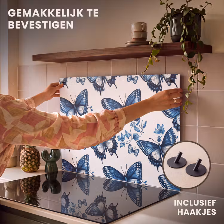 Inductie beschermer en spatscherm (2in1) - Blauw - Vlinders - Bloemen - Wit — 7