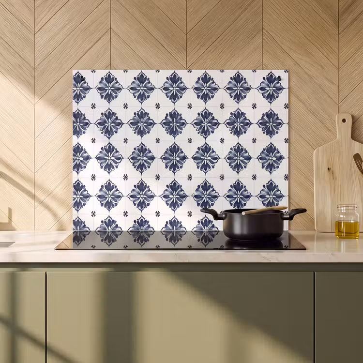 Inductie beschermer en spatscherm (2in1) - Tegelmotief - Blauw - Wit - Bloem — 2