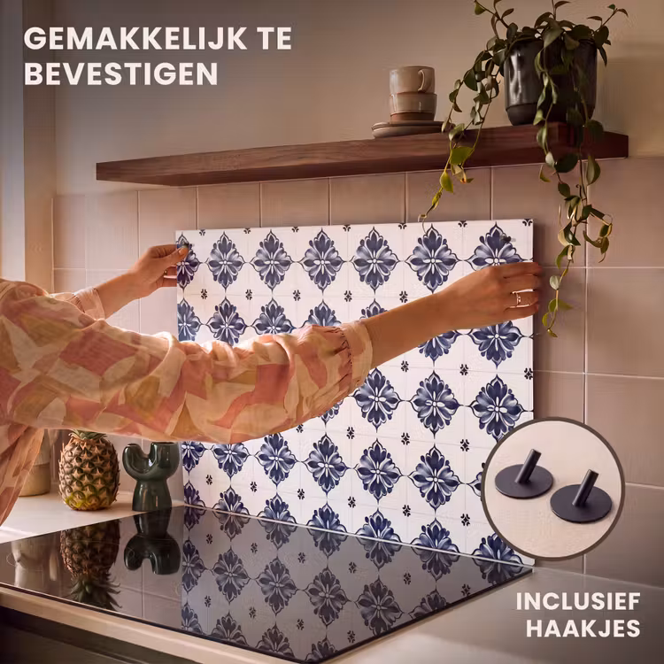 Inductie beschermer en spatscherm (2in1) - Tegelmotief - Blauw - Wit - Bloem — 7