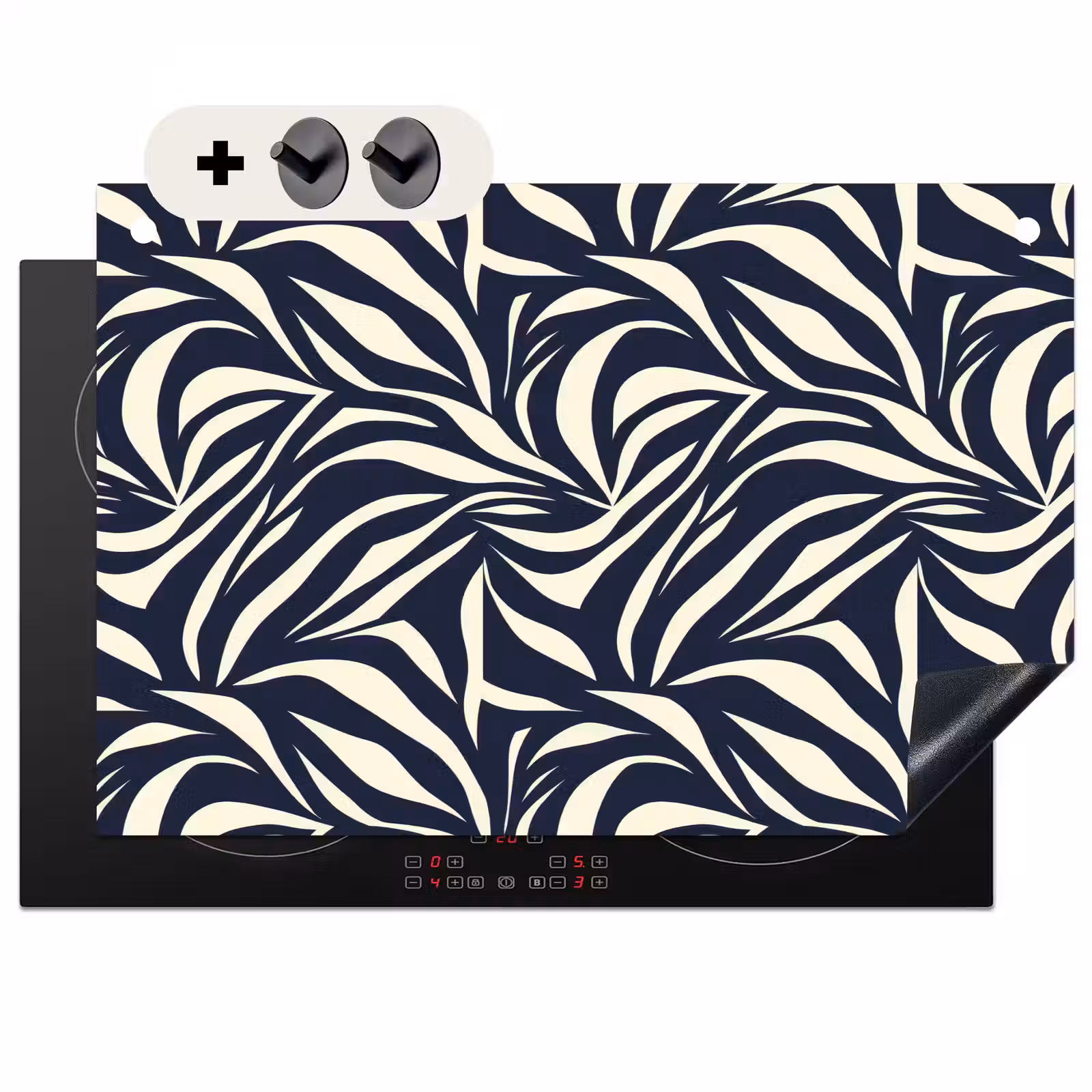 Inductie beschermer en spatscherm (2in1) - Bladvormen - Blauw - Patroon - Wit — 1