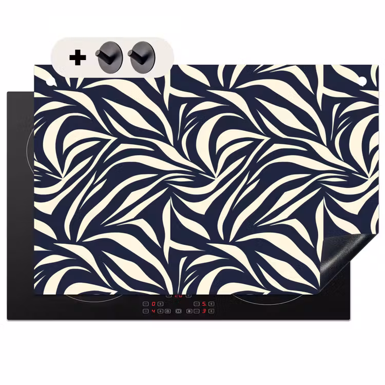Inductie beschermer en spatscherm (2in1) - Bladvormen - Blauw - Patroon - Wit — 1