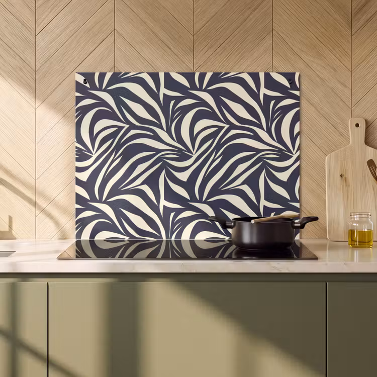 Inductie beschermer en spatscherm (2in1) - Bladvormen - Blauw - Patroon - Wit — 2