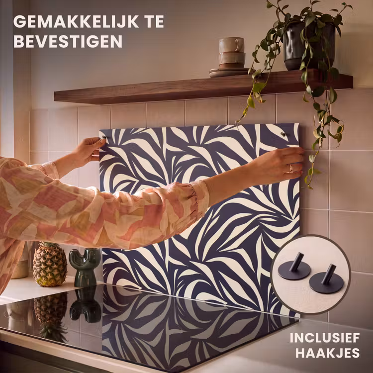 Inductie beschermer en spatscherm (2in1) - Bladvormen - Blauw - Patroon - Wit — 7