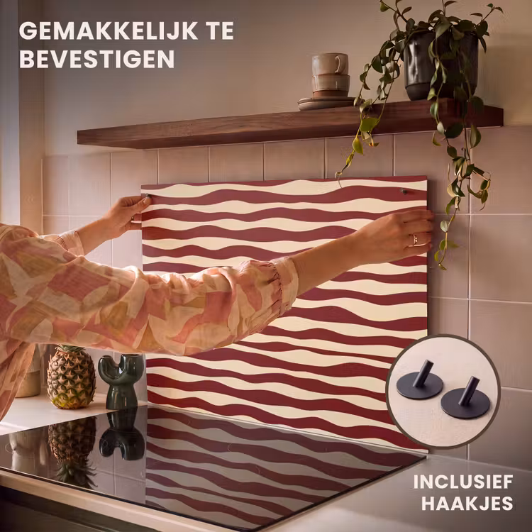 Inductie beschermer en spatscherm (2in1) - Golven - Rood - Patroon - Crème — 7