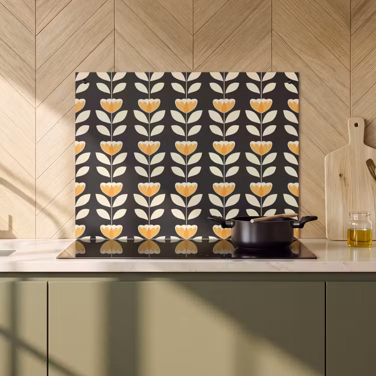 Inductie beschermer en spatscherm (2in1) - Retro - Bloem - Zwart - Okergeel — 2