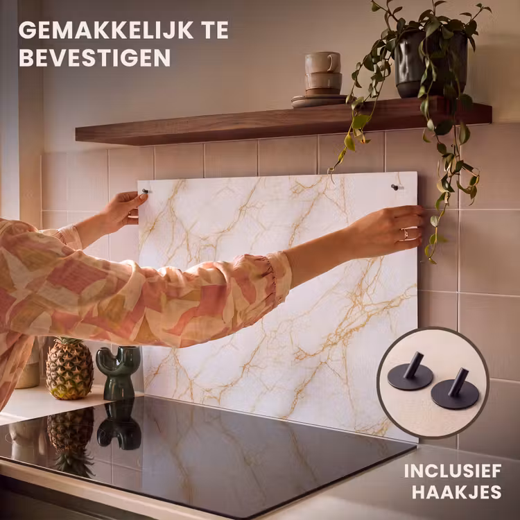 Inductie beschermer en spatscherm (2in1) - Wit - Goud - Marmer - Aders — 7