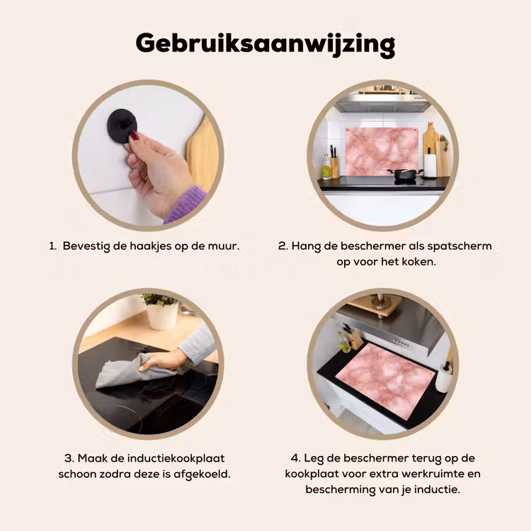 Inductie beschermer en spatscherm (2in1) - Roze - Kwarts - Goud - Marmer — 6
